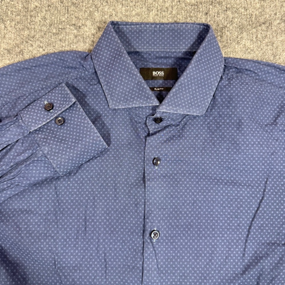 BOSS Hugo Boss Slim Fit Dotted Dress Shirt Mens 16.5 42 Blue Cotton EUC